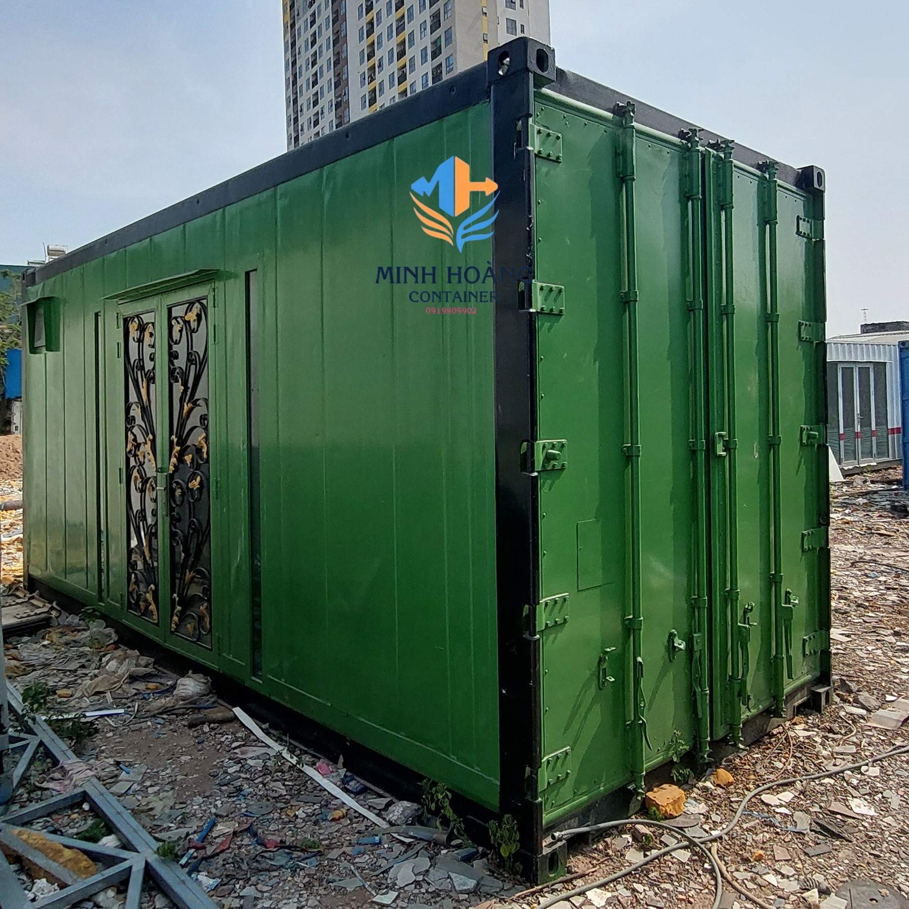 Container văn phòng 20 feet xanh lá hiện đại có toilet trang bị đầy đủ thiết bị